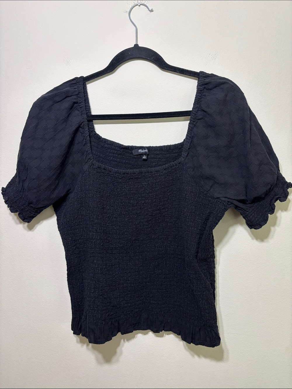 Madewell Black Smocked Puff-Sleeve Square Neck Top